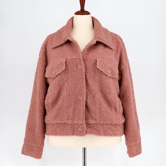 NOIZE Women Pink Rose Teddy Fleece Miley Casual Oversize Trucker Jacket Size M - Picture 2 of 5